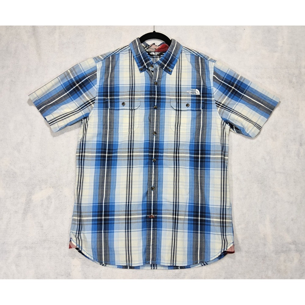 North Face Shirt Mens M Short‎ Sleeve Delridge Plaid Blue Button Up White Pocket
